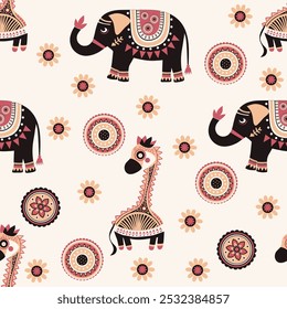 bright elephants and giraffes on a background