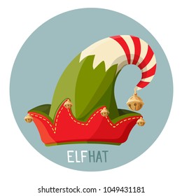 Bright elf hat with small golden bells inside circle