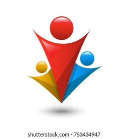 bright emblem with three brilliant abstract people of different colors