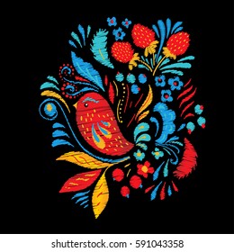 Bright embroidery with flowers, berries and bird.  Tshirt or tote bag ethnic fashion design.