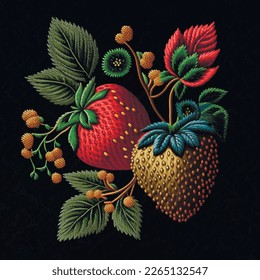 Bright embroidery strawberries pattern background illustration. Textured stitching berries floral ornament. Tapestry decorative red strawberries with green leaves. Colorful modern beautiful design.