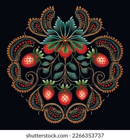 Bright embroidery strawberries pattern background illustration. Textured stitching berries floral ornament. Tapestry decorative red strawberries with paisley, green leaves. Colorful abstract design.