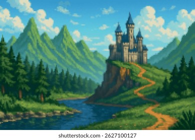 Bright emerald crystal on a path in a green mountain valley, perfect for magical artifact scenes in 2D fantasy games.