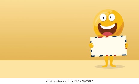 A bright emoji character smiling while holding a blank sign on emoji day