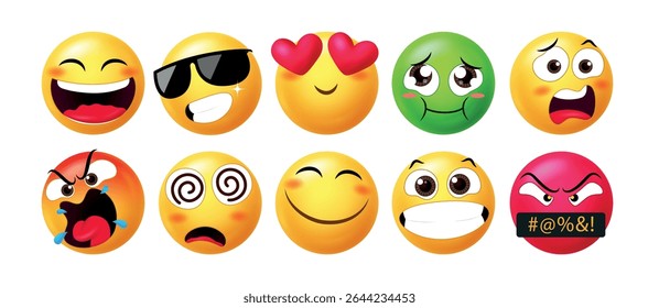 Bright emoji collection with expressive cartoon faces showing happiness, love, anger, confusion, and fun reactions. Ideal for digital, social media, and design use.