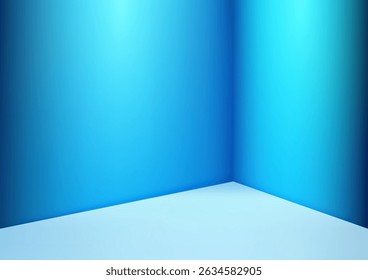 sala 3D vacía y luminosa en tonos azules tranquilizadores, con líneas modernas y limpias y un rincón espacioso. maquetas digitales, pantallas de productos, conceptos de sala de exposición y presentaciones de diseño minimalista