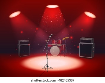 Bright empty scene with microphone, drum set and amplifiers in the light of spotlights on red background