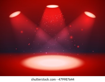 Escena vacía brillante con tres focos sobre fondo rojo