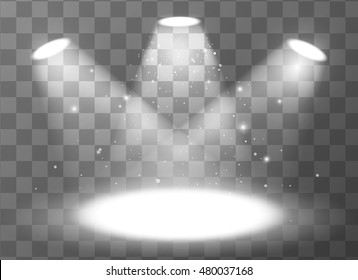 Bright empty scene with three spotlights on transparent background