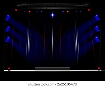 Bright empty stage with blue and red lighting, truss, side stands with round lamps, black speakers on the sides, white platform. For events, concerts, awards. Vector illustration EPS10.
