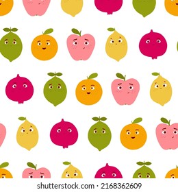 Bright endless pattern with cartoon fruits apple, lemon, orange, lime and pomegranate