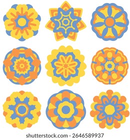 Bright and energetic mandala collection. Blue and yellow, blue and orange. Contrasting and bold opposing colors on the color wheel. Circular and symmetrical design with floral nature elements. EPS 10.