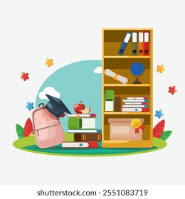 Ilustración vectorial brillante y atractiva con temas de 'Regreso a la escuela', con útiles escolares, libros, mochilas y Elementos educativos. Perfecto para Materiales promocionales, decoraciones de clase,