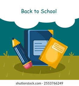 Bright and engaging vector illustration themed 'Back to School,' featuring school supplies, books, backpacks, and educational icons. Perfect for promotional materials, classroom decorations, and acade