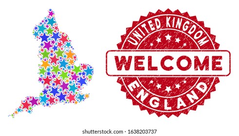 Bright England map mosaic of stars, and scratched rounded red WELCOME stamp. Abstract territorial scheme in bright color hues. Vector England map is designed of color stars. Designed for political,
