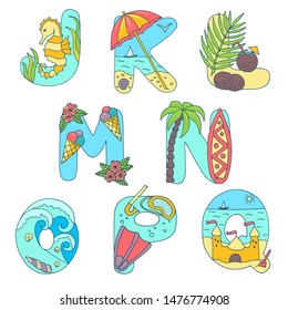 Bright English alphabet from J to Q on the theme of rest on the sea, summer holidays on a white background