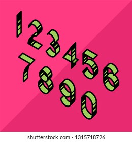 Bright English font. Vector. Linear, contour, volumetric numbers. Isometry, 3D. Font for ingenious design projects. All signs are separate. Cartoon style. Education.