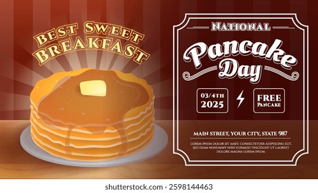 A bright and enticing promotional graphic featuring stacks of pancakes with syrup and butter. Highlights details for National Pancake Day including dates and offers, with an appealing retro design.