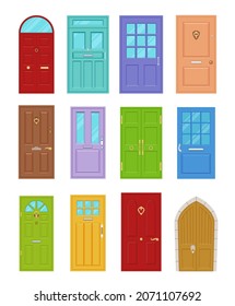Bright entrance door set vector flat illustration. Collection multicolored exterior furniture for enter indoor isolated on white. Doorway facade with postal hole decorative by design elements