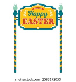 Bright entrance gate with Happy Easter sign. Easter sign on striped poles. Illustrated vector clipart.