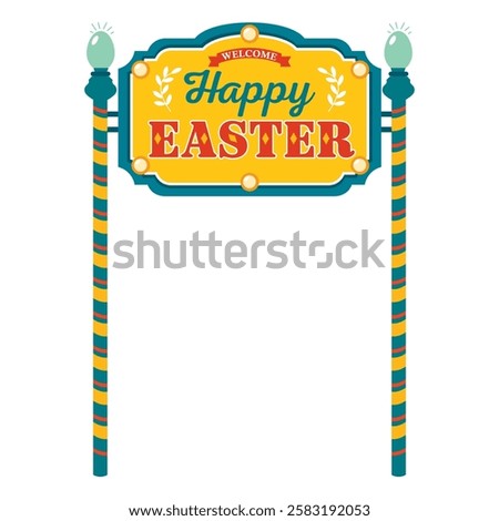 Bright entrance gate with Happy Easter sign. Easter sign on striped poles. Illustrated vector clipart.