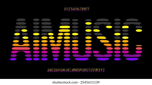 Alfabeto equalizador brilhante, letras em ondas sonoras, fonte pulsante de música para o título do festival EDM, marca de vida noturna, visuais Dj, música digital tipográfica. Tipo de vetor.