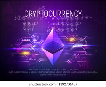 Bright ethereal ethereum mining technology vector background. Smart crypto currency on world map dark abstract backgrounds. Financial growth concept