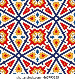 Bright ethnic abstract backdrop. Seamless pattern with oriental, old ornament on white background. Ornamental vivid wallpaper. Vector illustration
