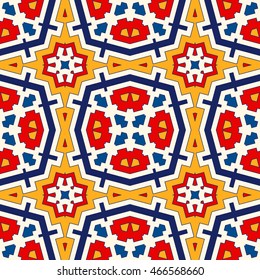 Bright ethnic abstract backdrop. Seamless pattern with oriental, old ornament on white background. Ornamental vivid wallpaper. Vector illustration