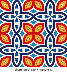Bright ethnic abstract backdrop. Seamless pattern with oriental, old ornament on white background. Ornamental vivid wallpaper. Vector illustration