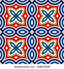 Bright ethnic abstract backdrop. Seamless pattern with oriental, old ornament on white background. Ornamental vivid wallpaper. Vector illustration