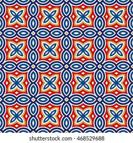 Bright ethnic abstract backdrop. Seamless pattern with oriental, old ornament on white background. Ornamental vivid wallpaper. Vector illustration