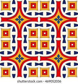 Bright ethnic abstract backdrop. Seamless pattern with oriental, old ornament on white background. Ornamental vivid wallpaper. Vector illustration