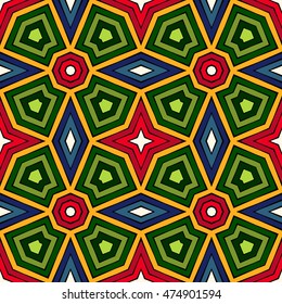 Bright ethnic abstract background. Kaleidoscope seamless pattern with decorative ornament in african style. Ornamental vivid wallpaper. Vector illustration