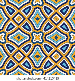 Bright ethnic abstract background. Seamless pattern with symmetric geometric ornament. Ornamental mosaic texture. Vector illustration