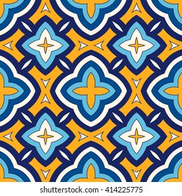 Bright ethnic abstract background. Seamless pattern with symmetric geometric ornament. Ornamental mosaic texture. Vector illustration
