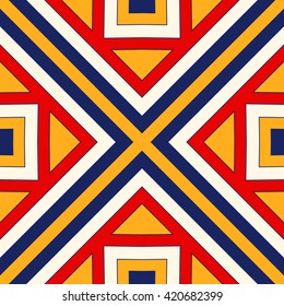 Bright ethnic abstract background. Seamless pattern with symmetric geometric ornament. Ornamental mosaic texture. Vector illustration