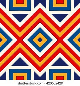 Bright ethnic abstract background. Seamless pattern with symmetric geometric ornament. Ornamental mosaic texture. Vector illustration