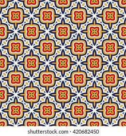 Bright ethnic abstract background. Seamless pattern with symmetric geometric ornament. Ornamental mosaic texture. Vector illustration
