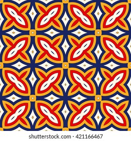 Bright ethnic abstract background. Seamless pattern with symmetric geometric ornament. Ornamental mosaic texture. Vector illustration