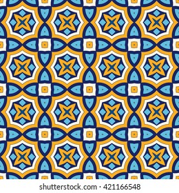 Bright ethnic abstract background. Seamless pattern with symmetric geometric ornament. Ornamental mosaic texture. Vector illustration