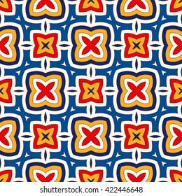 Bright ethnic abstract background. Seamless pattern with symmetric geometric ornament. Ornamental mosaic texture. Vector illustration