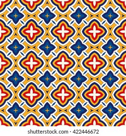 Bright ethnic abstract background. Seamless pattern with symmetric geometric ornament. Ornamental mosaic texture. Vector illustration