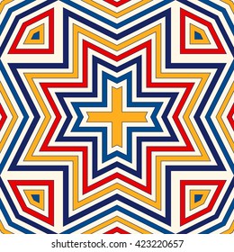 Bright ethnic abstract background. Seamless pattern with symmetric geometric ornament. Ornamental kaleidoscope texture. Vector illustration