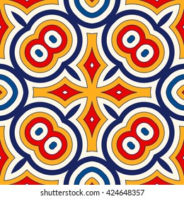 Bright ethnic abstract background. Seamless pattern with symmetric geometric ornament. Ornamental mosaic texture. Vector illustration