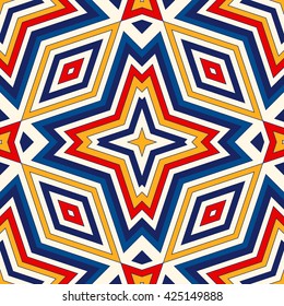 Bright ethnic abstract background. Seamless pattern with symmetric geometric ornament. Ornamental kaleidoscope texture. Vector illustration