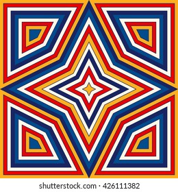 Bright ethnic abstract background. Seamless pattern with symmetric geometric ornament. Ornamental kaleidoscope texture. Vector illustration