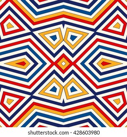 Bright ethnic abstract background. Seamless pattern with symmetric geometric ornament. Ornamental kaleidoscope texture. Vector illustration