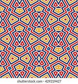 Bright ethnic abstract background. Seamless pattern with symmetric geometric ornament. Ornamental kaleidoscope texture. Vector illustration