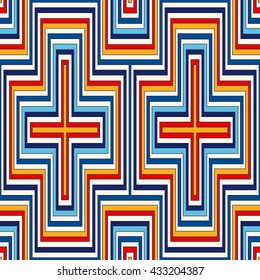 Bright ethnic abstract background. Seamless pattern with symmetric geometric ornament. Ornamental vivid wallpaper. Vector illustration